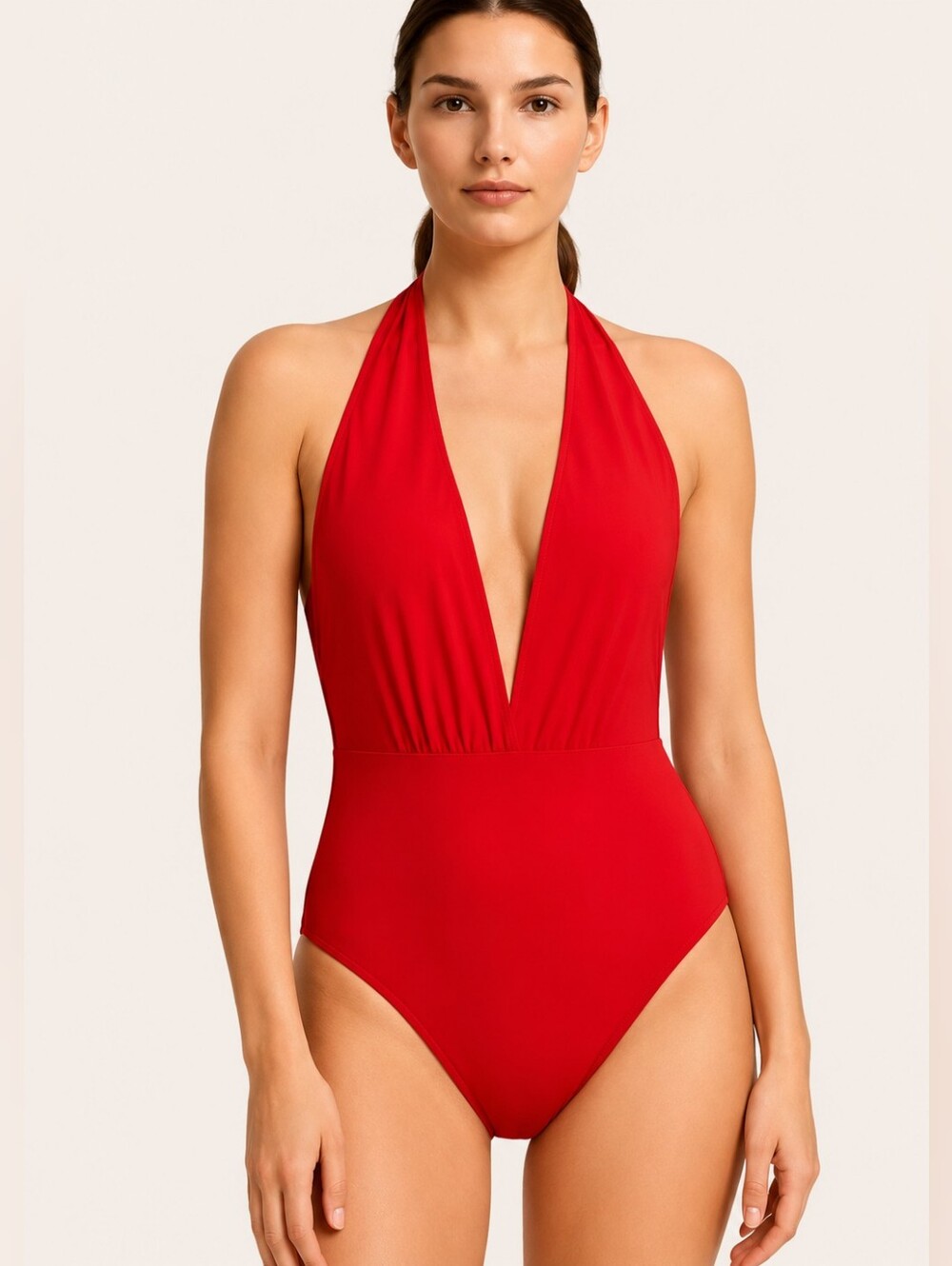 Retro Stage Red Plunging Halter One Piece Swimsuit Pin Up Vintage Style NWT L